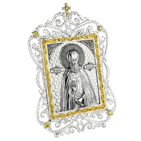 ( 2.71.0015 )( Икона )( Серебро 925 ) (Сергий Радонежский с желтыми камнями)