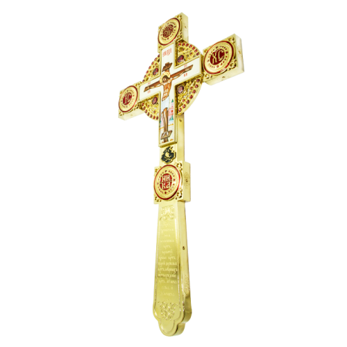 2.7.0613лп Крест напрестольный латунный в позолоте большой с латунным принтом, эмалью и вставками фото 3