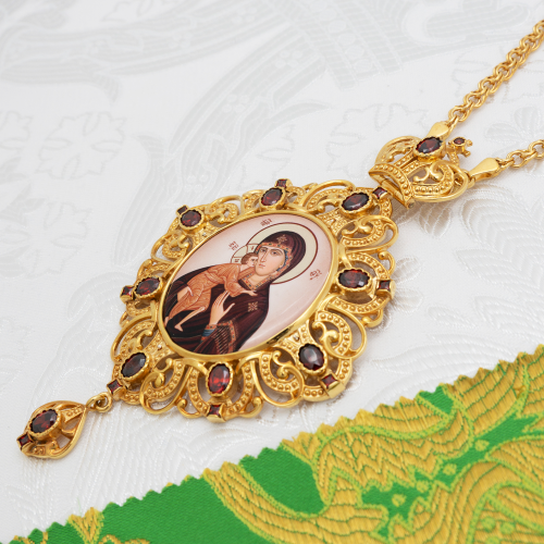 2.7.1591лп-2/1лп-К Архиерейский наперсный комплект латунный с красными камнями в позолоте фото 3