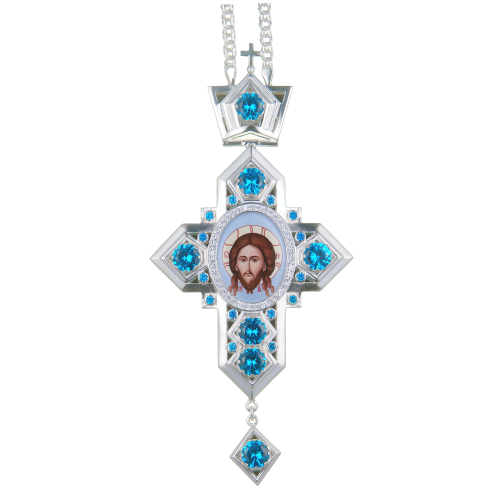 2.10.0405л-2/1л Крест наперсный латунный с голубыми камнями в серебрении фото 8