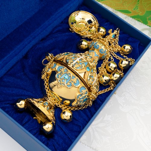 2.7.1280лпэ Кадило латунное с голубыми камнями в позолоте фото 6