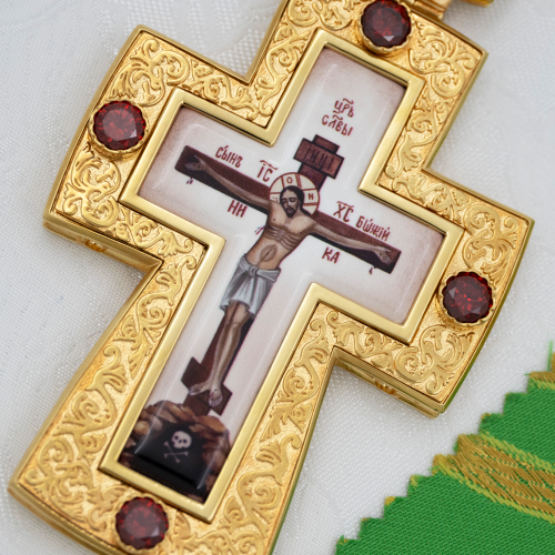 2.10.0546лп-2/1лп Наперсный крест латунный с красными камнями в позолоте фото 5 2.10.0546лп-2/1лп Наперсный крест латунный с красными камнями в позолоте фото 5