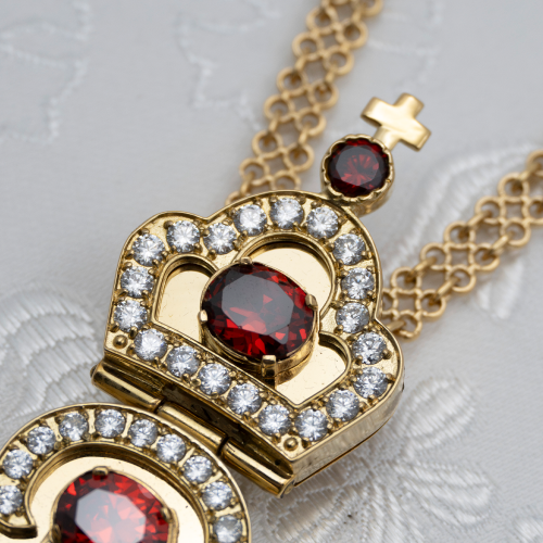 2.10.0583лп/63лп Крест наперсный латунный с красными камнями в позолоте фото 5