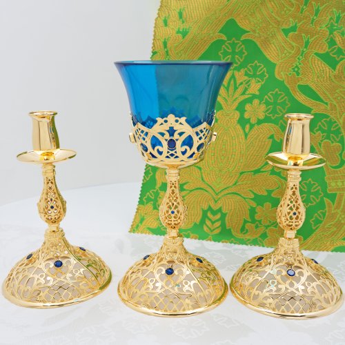 2.7.2669лп-К Напрестольный комплект латунный с синими камнями в позолоте 2.7.2669лп-К Напрестольный комплект латунный с синими камнями в позолоте