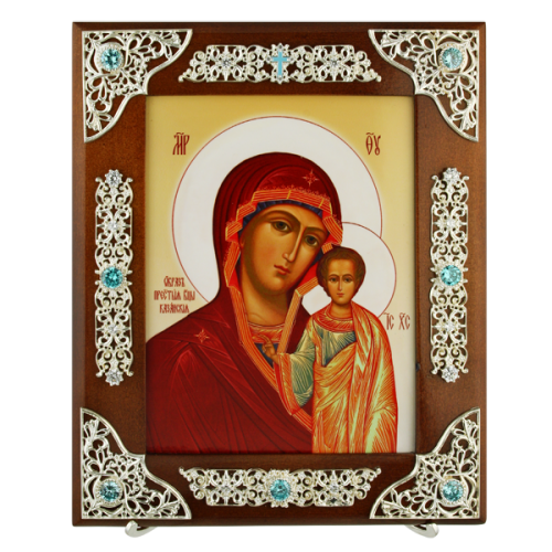 2.77.0135 Икона прикроватная серебряная на дереве с лат. принтом Казанская икона Божией Матери