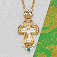 2.10.0317лф/1лп Крест наперсный латунный с голубыми камнями и фрагментальной позолотой