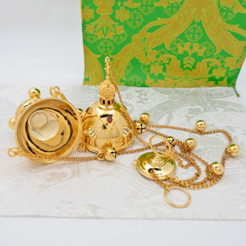 2.7.1577лп Кадило латунное с красными камнями в позолоте фото 3