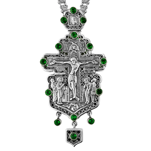 2.10.0092/41 Крест наперсный серебряный со вставками, оксидированием и цепью арт. 2.7.0241