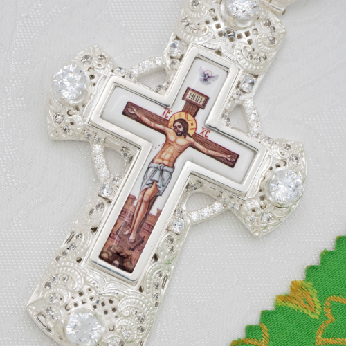 2.10.0178л-2/1л Крест наперсный латунный с белыми камнями в серебрении фото 6 2.10.0178л-2/1л Крест наперсный латунный с белыми камнями в серебрении фото 6