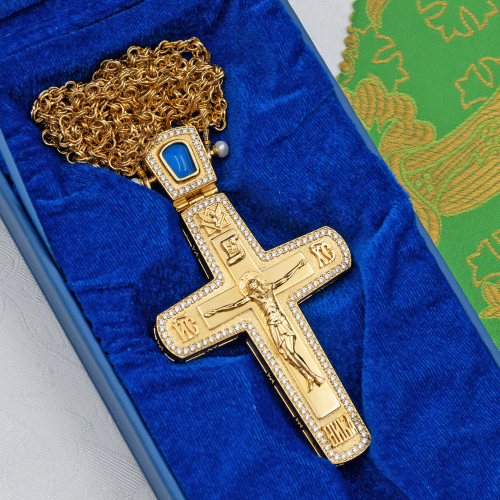 2.10.0540лнп/64лп Наперсный крест латунный со вставками в позолоте фото 2