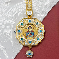 2.7.1593лп-28/41лп Панагия латунная с голубыми камнями в позолоте