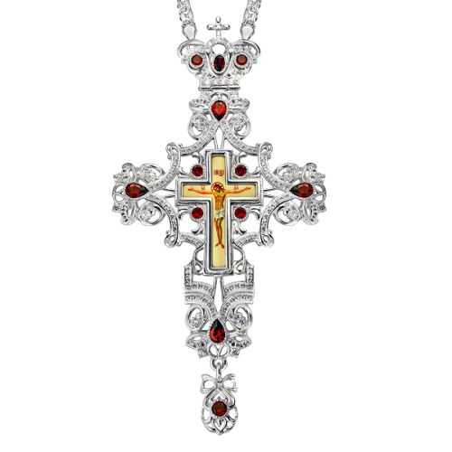 2.10.0094-2/1 Крест наперсный серебряный с лат.принтом, вставками и цепью арт. 2.7.0201