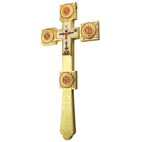 2.7.0608лп Крест Напрестольный латунный в позолоте с эмалью и латунным принтом