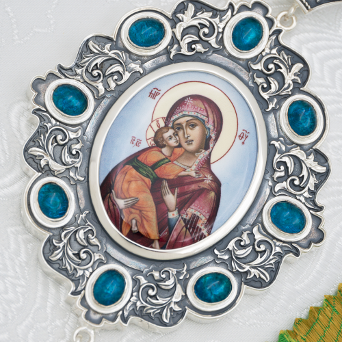 2.7.2745лр-2/1лр Панагия латунная с голубыми камнями в серебрении фото 2 2.7.2745лр-2/1лр Панагия латунная с голубыми камнями в серебрении фото 2