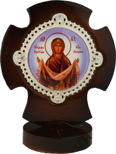 2.78.01158л Икона латунная с принтом Покров Пресвятой Богородицы на деревянной подставке