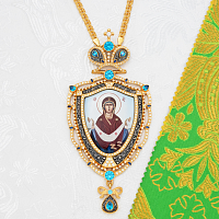 2.7.1093лпр-2/1лп Панагия латунная с голубыми камнями в позолоте