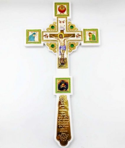 2.7.1272лпч Крест Напрестольный латунный в позолоте, с  латунным принтом на декоративном камне*