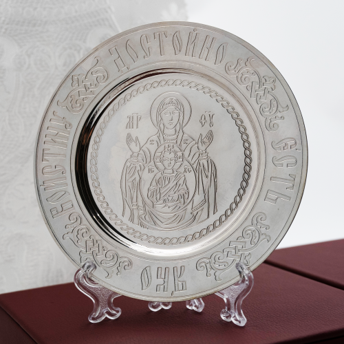 2.7.1818л Тарелица латунная в серебрении — Богородица Знамение фото 2 2.7.1818л Тарелица латунная в серебрении — Богородица Знамение фото 2