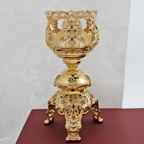 2.7.0570лп Лампада настольная латунная со вставками в позолоте фото 5