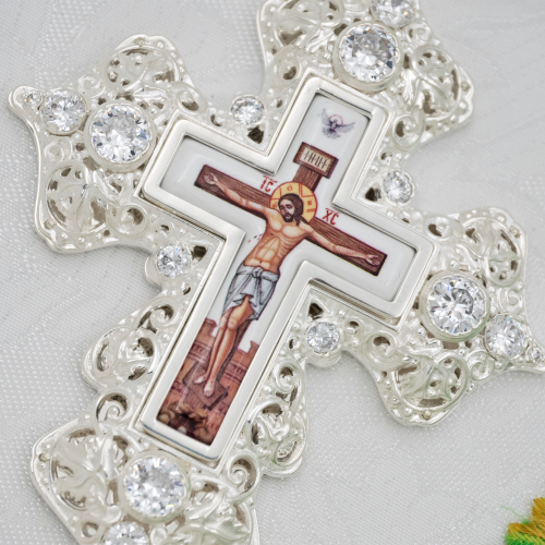 2.10.0163л-2/1л Крест наперсный латунный с белыми камнями в серебрении фото 6