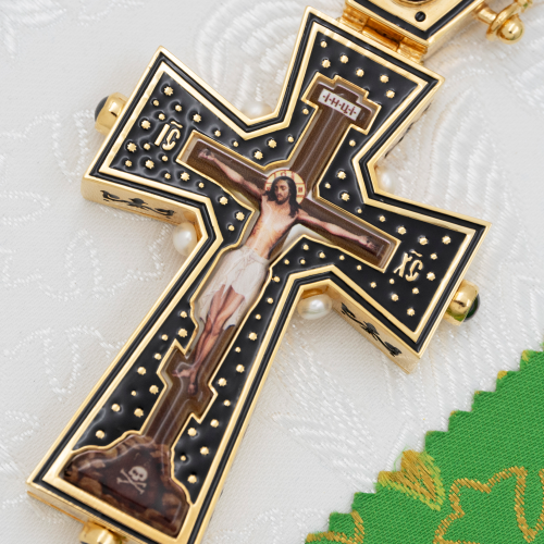 2.10.0581лпэ-2/64лп Крест наперсный латунный с вставками в позолоте фото 3