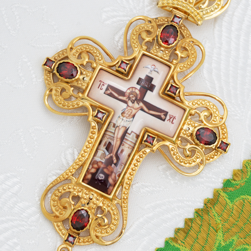 2.7.1591лп-2/1лп-К Архиерейский наперсный комплект латунный с красными камнями в позолоте фото 10