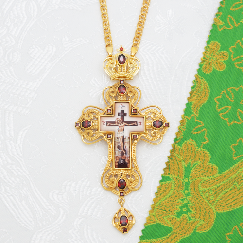 2.7.1591лп-2/1лп-К Архиерейский наперсный комплект латунный с красными камнями в позолоте фото 8