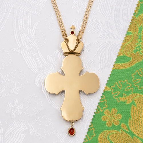 2.10.0583лп/63лп Крест наперсный латунный с красными камнями в позолоте фото 3