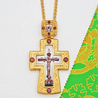 2.10.0546лп-2/1лп Наперсный крест латунный с красными камнями в позолоте