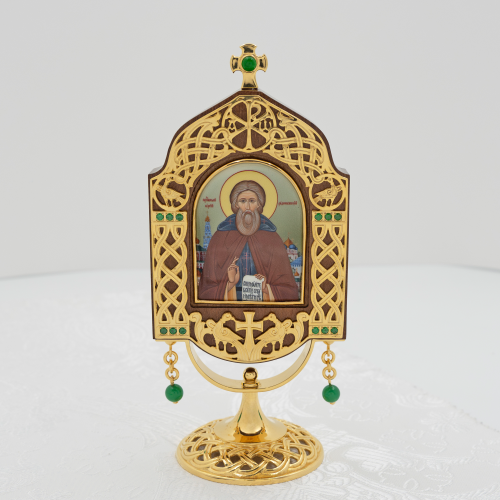 2.77.0186лп-15 Икона настольная из дерева и ювелирного сплава на ножке в позолоте 2.77.0186лп-15 Икона настольная из дерева и ювелирного сплава на ножке в позолоте