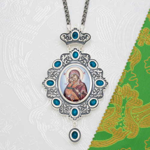 2.7.2745лр-2/1лр Панагия латунная с голубыми камнями в серебрении 2.7.2745лр-2/1лр Панагия латунная с голубыми камнями в серебрении