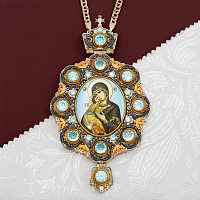 2.7.1060лфр-2/1л Панагия латунная с голубыми камнями в серебрении и фрагментальной позолоте