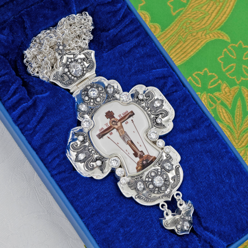 2.10.0329лр-2/1л Крест наперсный латунный с белыми камнями в серебрении фото 4 2.10.0329лр-2/1л Крест наперсный латунный с белыми камнями в серебрении фото 4