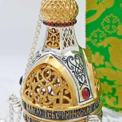 2.7.1926лфр Кадило латунное с красными камнями в позолоте фото 6