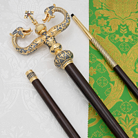 2.7.2166лпр Жезл архиерейский латунный с красными камнями и патинированием в позолоте