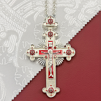 2.10.0618лэ/1л Крест наперсный латунный с красными камнями и эмалью в серебрении