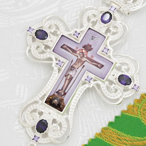 2.10.0410л-2/1л Крест наперсный латунный с фиолетовыми камнями в серебрении фото 6 2.10.0410л-2/1л Крест наперсный латунный с фиолетовыми камнями в серебрении фото 6
