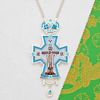 2.10.0728лэ-2/1л Наперсный латунный крест с голубыми камнями и эмалью в серебрении 