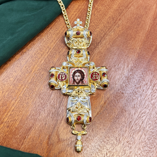 2.10.0550лфэ-2/1л Крест наперсный латунный с красными камнями и эмалью в позолоте фото 7