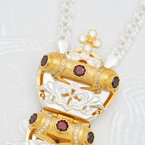 2.10.0550лфэ-2/1л Крест наперсный латунный с красными камнями и эмалью в позолоте фото 4