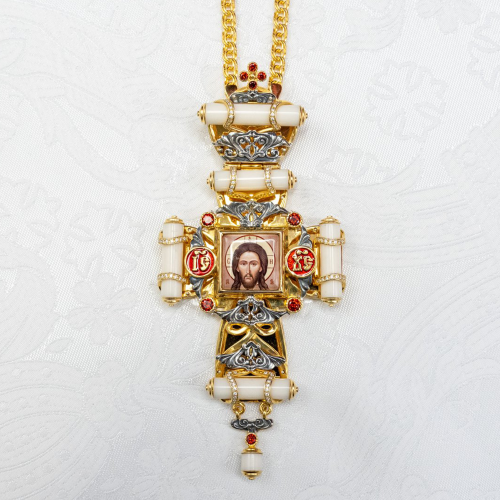 2.10.0463лпрэч-2/1лп Крест наперсный латунный с красными камнями и эмалью в позолоте