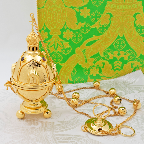 2.7.1577лп Кадило латунное с красными камнями в позолоте