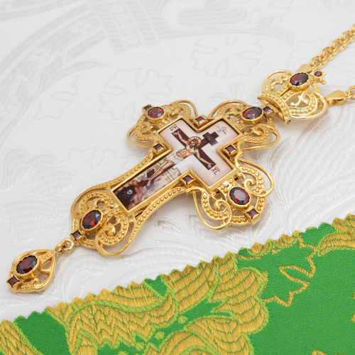 2.7.1591лп-2/1лп-К Архиерейский наперсный комплект латунный с красными камнями в позолоте фото 9
