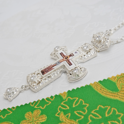 2.10.0159л-2/1л Крест латунный с белыми камнями в серебрении фото 7