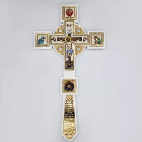 2.7.1272лпч Крест Напрестольный латунный в позолоте, с  латунным принтом на декоративном камне*