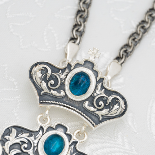 2.7.2745лр-2/1лр Панагия латунная с голубыми камнями в серебрении фото 3 2.7.2745лр-2/1лр Панагия латунная с голубыми камнями в серебрении фото 3