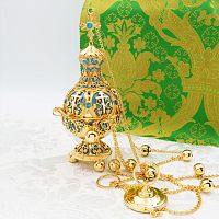 2.7.1280лпэ Кадило латунное с голубыми камнями в позолоте