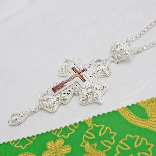 2.10.0163л-2/1л Крест наперсный латунный с белыми камнями в серебрении фото 7