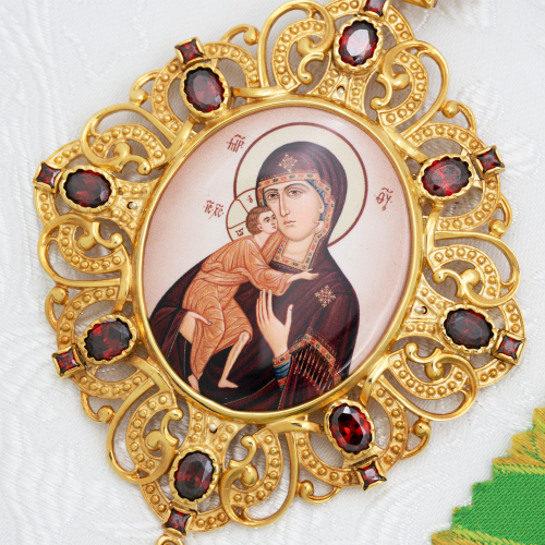 2.7.1591лп-2/1лп-К Архиерейский наперсный комплект латунный с красными камнями в позолоте фото 4