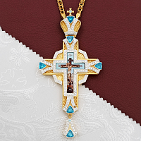 2.10.0598лп-2/1лп Крест наперсный латунный с голубыми камнями в позолоте